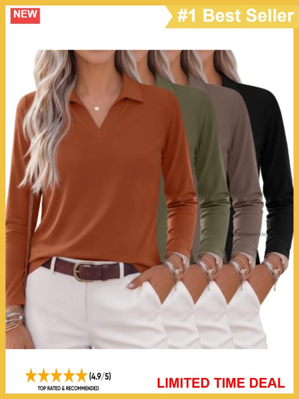 4 Pack Women's Long Sleeve Polo Shirts Loose Fit V-Neck Knit Tunic Tops